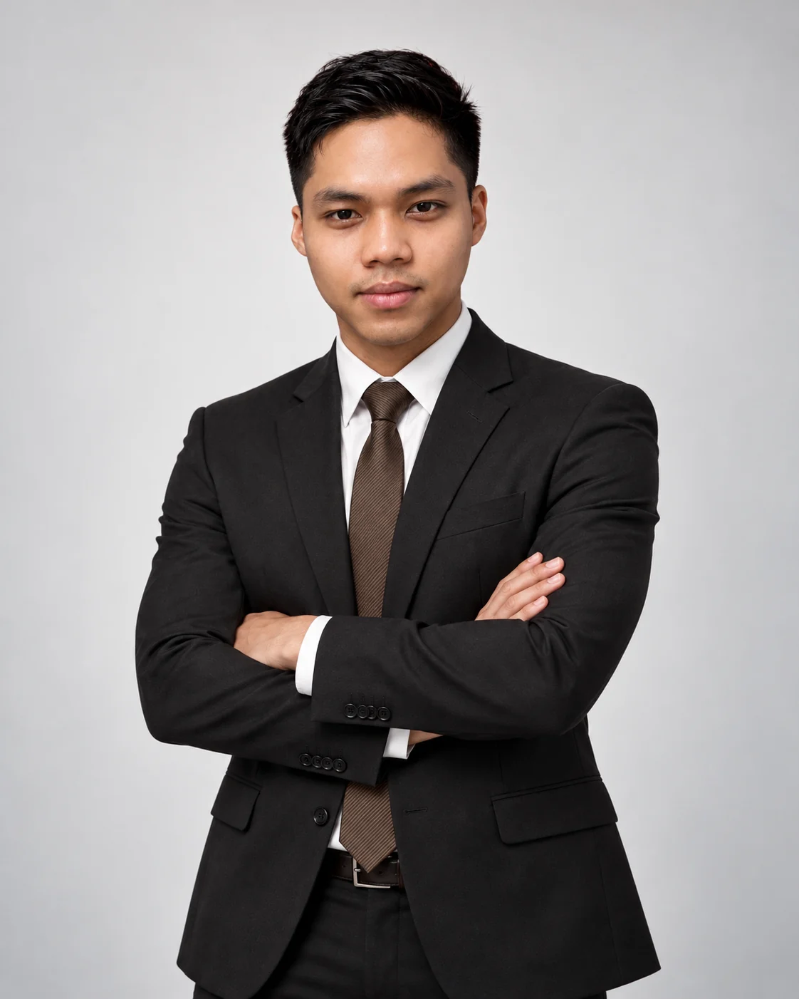 Gregorius Revo in a black suit, white shirt and brown tie